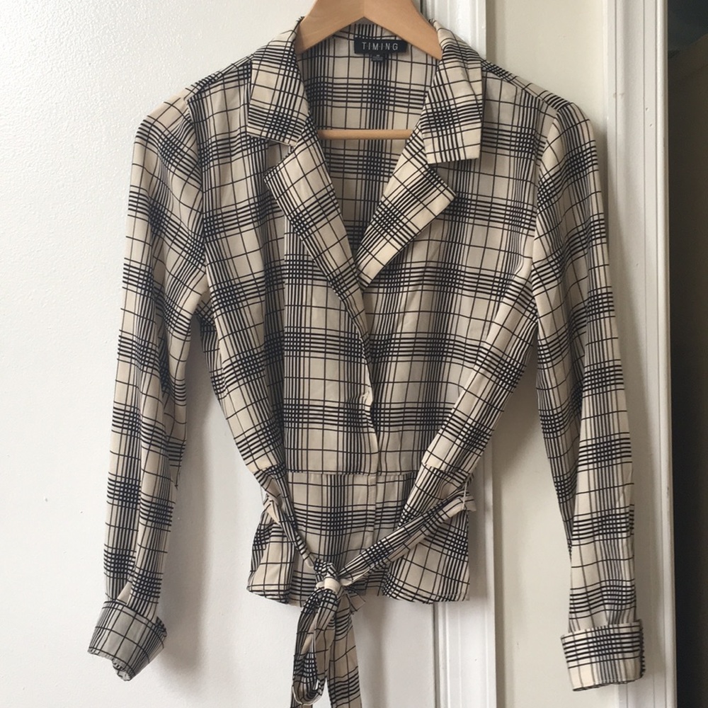 Blouse with Plaid Pattern & Waist Tie